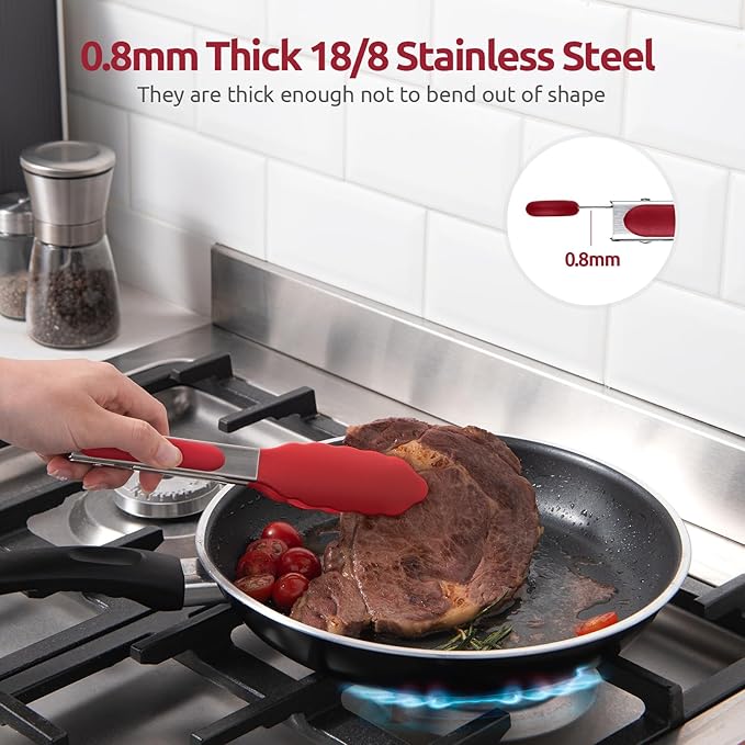 600쨘F Heat Resistant Kitchen Tong: U-Taste 7 inch Silicone Cooking Tong with Firm Sealed Non Stick Rubber Tips & Silicon Coated 18/8 Stainless Steel Handle & Smooth Locking for Serving Salad (Red)