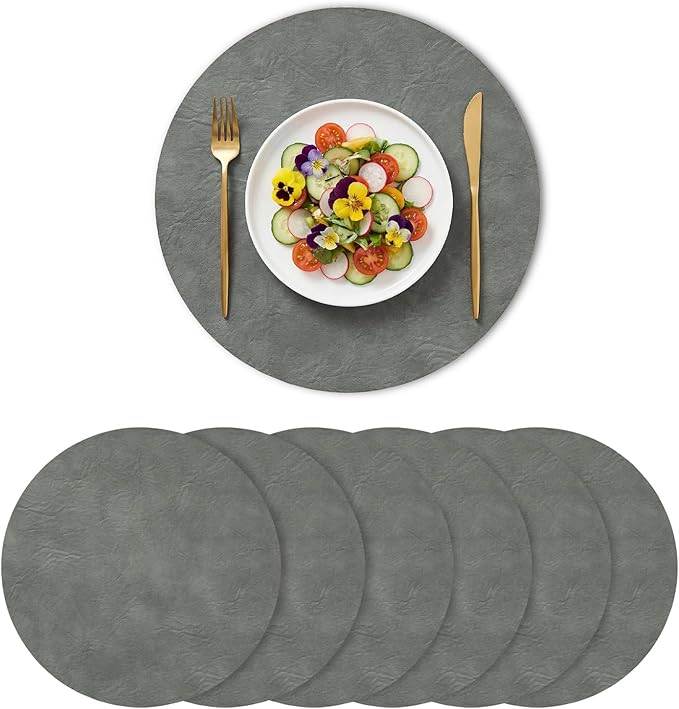 Artoid Mode Grey Faux Leather Placemats Set of 6, 15 Inch Waterproof Wipeable Heat Resistant Place Mats, Reversible Table Mats for Winter Kitchen Dining Decor
