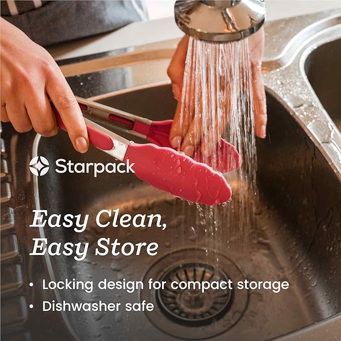 Starpack 'Get a Grip' Silicone Kitchen Tongs for Cooking 9 Inch - BBQ Silicone Tongs for Grill Heat Resistant to 600째F - Stainless Steel Utensils with Non Stick Rubber Tips for Serving Food