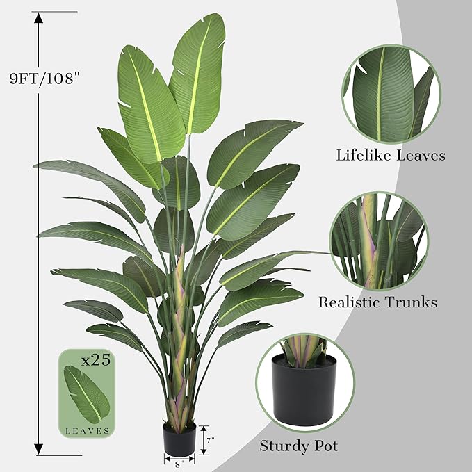 Bird of Paradise Artificial Plant 9FT, 108" Tall Artificial Plants Indoor with 25 Realistic Banana Leaves and Large Trunks, Faux Tropical Trees with Pot for Home Living Room Office Indoor Decor
