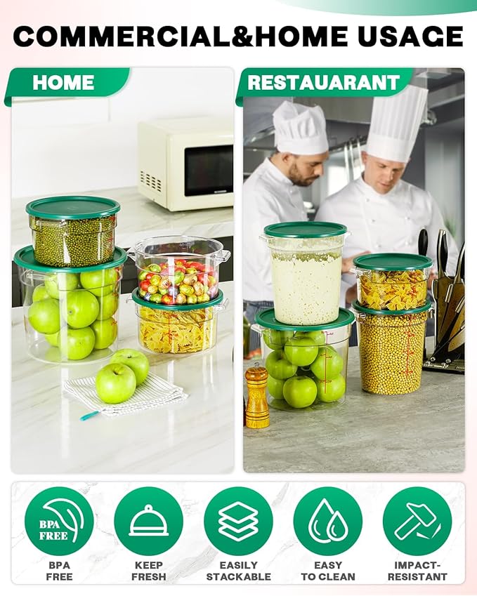 2QT NSF Round Food Storage Containers with Lids: 4 PCS [Total Food Grade][Hot&Cold Resistant] Dough Proofing Container for Pizza, Bread with Measuring Spoons Included(BPA FREE) (GREEN)