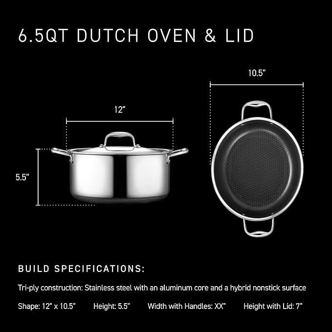 HexClad Hybrid Nonstick 6.5-Quart Oval Dutch Oven with Stainless Steel Lid, Stay-Cool Handles, Dishwasher-Friendly, Oven-Safe Up to 900째F, Induction Ready, Compatible with All Cooktops