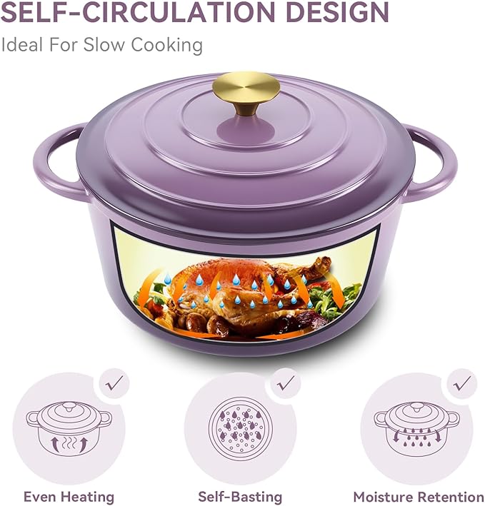 Miereirl 4.5 Quart Enameled Dutch Oven Pot with Lid, Cast Iron Dutch Oven with Dual Handles for Bread Baking, Cooking, Non-stick Enamel Coated Cookware, Purple