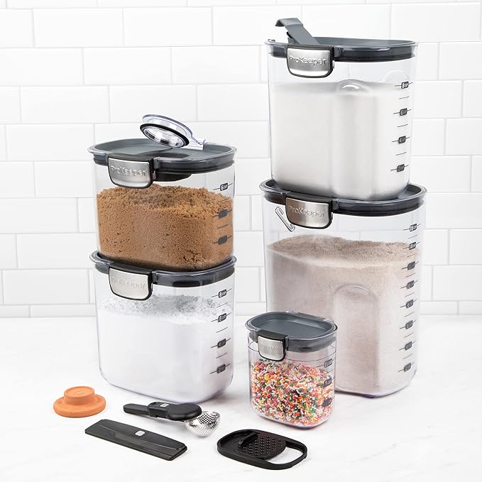 ProKeeper+ Airtight Food Storage Container Set ??Clear Plastic Flour and Sugar Canister Set with Magnetic Accessories for Kitchen Organization (Grey, 9-Piece)