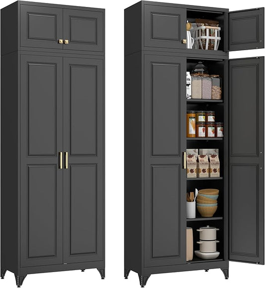 Kitchen Pantry Cabinet, Metal Food Pantry cabinets with Doors and Shelves, 90" Tall Storage Cabinet for Dining, Living Room, Black, 16" D x 32" W x 90" H, Assembly Required