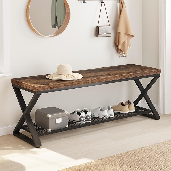 LVB Rustic Entryway Bench, 47??Shoe Bench with Storage for Entry Way, Industrial Shoe Rack Bench with Seating for Foyer Entrance, Farmhouse Wood Bench for Hallway Living Room Bedroom, Rustic Brown
