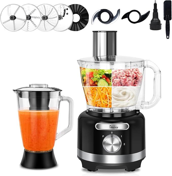 Davivy 16-Cup Food Processor and Blender, 6-Cup (50oz) Glass Blender Food Processors Combo ??10-in-1 Full-Size Food Processor with 600W Motor, 2 Speeds + Pulse for Home Use, Black