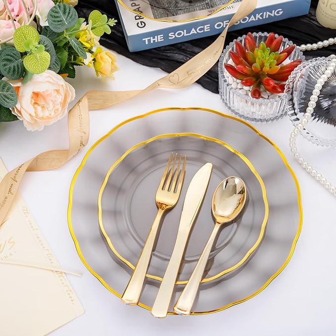 EI 150pcs Clear Black Dinnerware Set,Clear Black Fancy Plastic Plates with Gold Rimmed and Gold Plastic Silverware,Heavy Duty Party Plates Disposable for Afternoon Tea,Business Events,Hotel Banquets