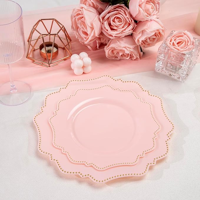 COLOSUS 60pcs Disposable Plastic Plates Set, Gold Pink Party Plates, 30pcs Dinner Plates and 30pcs Salad/Dessert Plates for Wedding, Party, Anniversary, Daily Use
