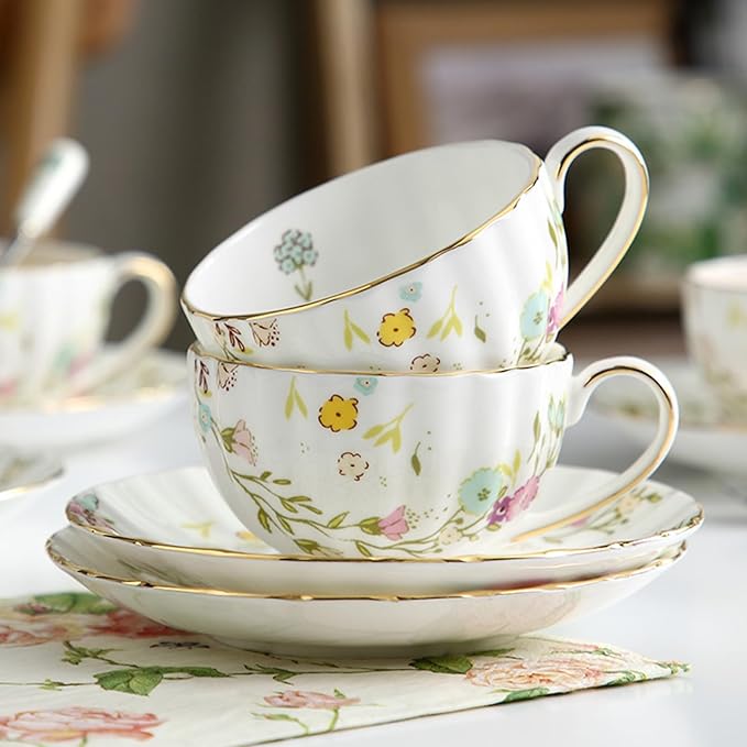 Bone China Tea Cups and Saucers,Country flower Handle Ceramic Coffee Mugs with Spoon&Fork,about 6 oz/175ml
