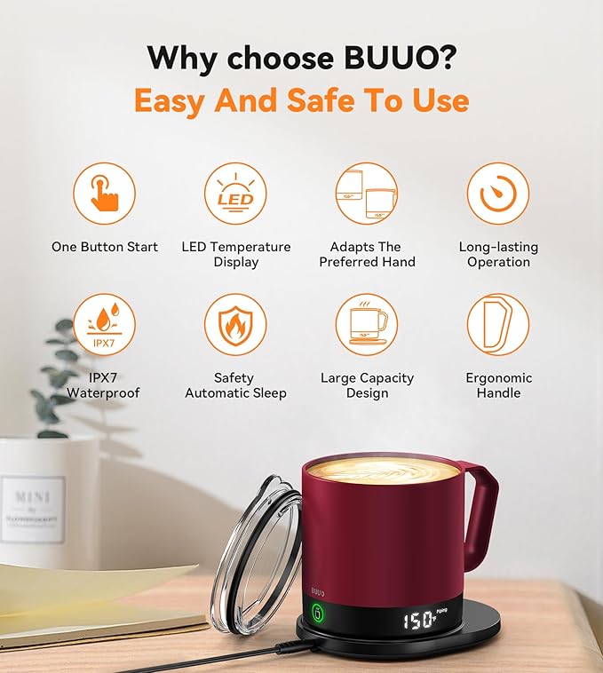 Heated Coffee Mug Rechargeable - Temperature Control Self Heating Coffee Mug 14oz with Lid, Double Sided & Real-Time LED Display, Hot up to 150?? Birthday Gifts for Women and Men(Red)
