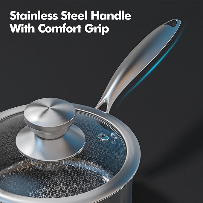 AuFranc짰 Hybrid Nonstick Stainless Steel Pots and Pans Set, Induction Cookware Set with Tempered Glass Lids, Non-stick Pot and Pan Set Suitable for All Cooktops, Non-Toxic, Dishwasher & Oven Safe