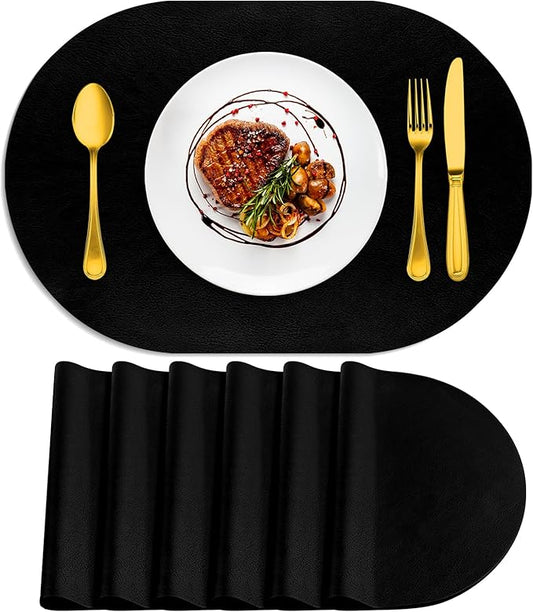 ADRIMER Placemats, Heat Resistant Oval Placemats Set of 6 Washable 12 x 17 Inch, Waterproof Table Mats, Wipeable Pu Place Mats for Kitchen, Dining Room, Black