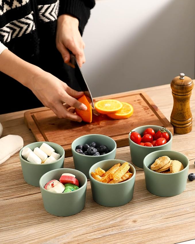 Tikooere Ramekins 6 oz, Oven Safe Souffl챕 Dishes for Creme Brulee, Souffle, Pot Pie, Stoneware Baking Dishes for Kitchen, Farmhouse Ceramic Ramikens Set of 6, Cute Christmas Gift, Matte Turquoise