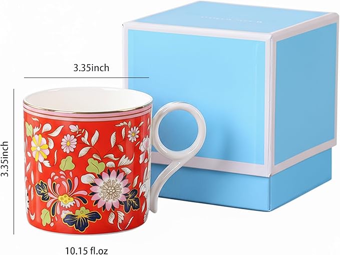 Decorative Ceramic Coffee Mugs, 10.15 fl.oz, Floral Design Collection with Gift Box (red)
