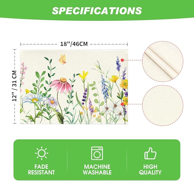 Artoid Mode Daisy Eucalyptus Lavender Floral Leaves Spring Placemats Set of 4,12x18 Inch Seasonal Table Mats for Party Kitchen Dining Decoration