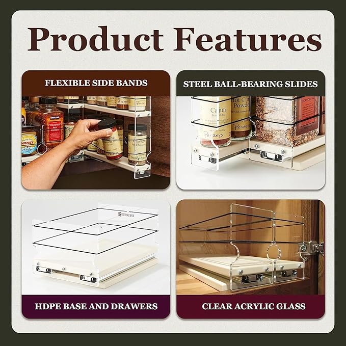 Vertical Spice - Sliding Spice Rack - Pull Out Spice Rack for Inside Cabinets, Sliding Shelves, Rack for Kitchen Cabinets - Made in USA -2 Tiers -10.6"D x 4.6"W x 10.75"H (Cream , Partially Assembled)