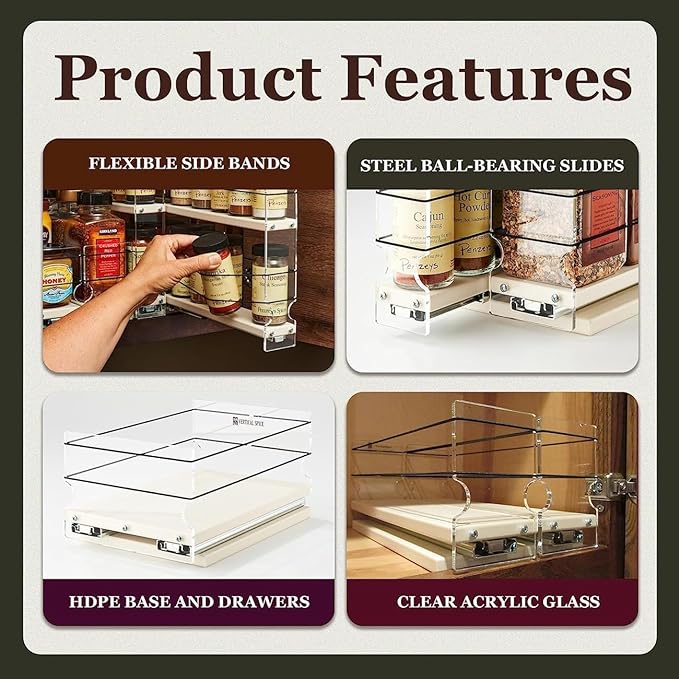 Vertical Spice Combo Spice Rack Drawer - Pull Out Pantry Organizers and Storage - Kitchen Cabinet Organizer - Seasoning Sliding Caddy - Made in USA (5.75" W x 5.00" H x 10.60" D, Partially Assembled)