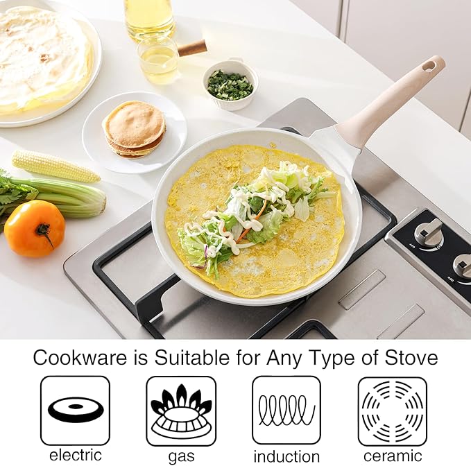 Kordisen Crepe Pan Nonstick, 10 Inch Healthy Coating Comales para Tortillas Dosa Pan with Spreader, Induction Compatible, PFOA Free (White)
