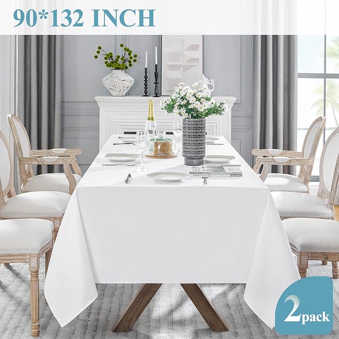 VidaFete 2 Pack 90*132inch Rectangle Tablecloth Polyester Table Cloth竊똕tain Resistant and Wrinkle Polyester Dining Table Cover for Kitchen Dinning Party Wedding Rectangular Tabletop Decoration(White)