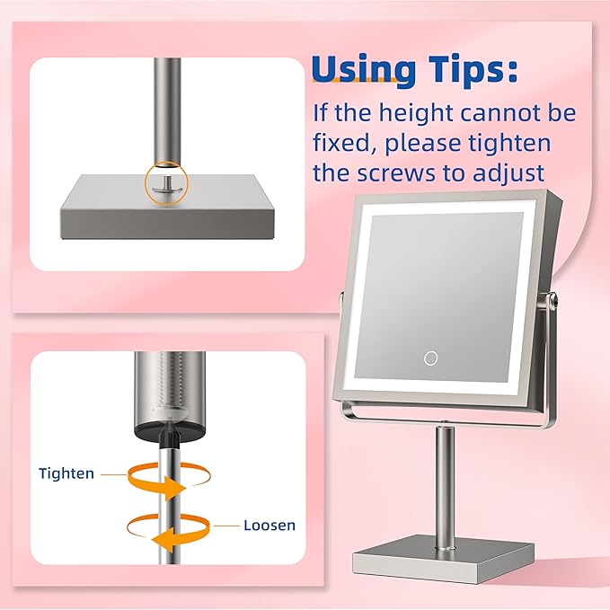 Ruacq Rechargeable Makeup Mirror, 4000mAh Lighted Makeup Mirror with Magnification1X/10X, Height Adjustable Vanity Mirror with Lights, 3 Color Lights, Adjust Brightness, 360°Rotation(Brushed Nickel)