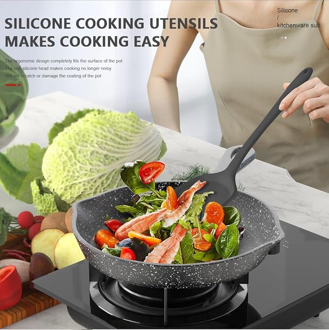 AOTHOD Silicone Cooking Utensils Set - 446째F Heat Resistant Kitchen Utensils,Spatula Sets,Turner Tongs,Spoon,Kitchen Utensil Gadgets Tools Set for Nonstick Cookware,Dishwasher Safe BPA Free (Gray)