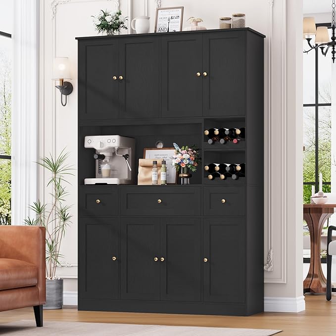 72" Tall Black Pantry Cabinet, Kitchen Hutch with Wine Rack, Microwave Stand, Buffet Cabinet with Hutch for Dining Room Kitchen, Home Bar Black