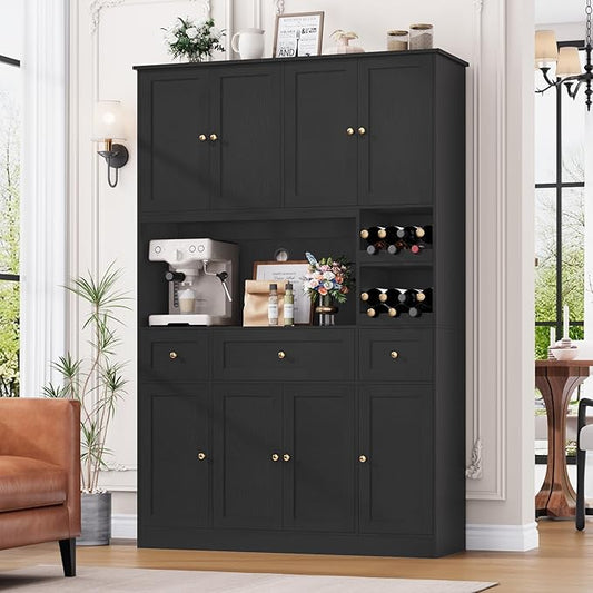 72" Tall Black Pantry Cabinet, Kitchen Hutch with Wine Rack, Microwave Stand, Buffet Cabinet with Hutch for Dining Room Kitchen, Home Bar Black