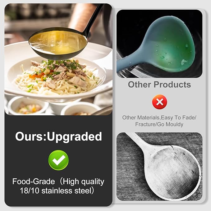Soup Ladle - 18/10 Stainless Steel Ladle Spoon, 13.8" Large Soup Spoons, Resilient Kitchen Metal Ladel for Cooking, Serving, Stirring, Canning竊똕auce, Wok & Soup竊똁lack, Christmas Gifts