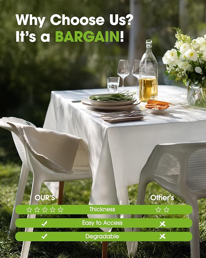 Pureegg Plastic Table Cloth Disposable 12 Pack, 54 x 108 Inch Table Cloths, Party, Picnic, Wedding, Decorative Tablecloths, Rectangle, White Plastic Cover, Leakproof & Sturdy, White