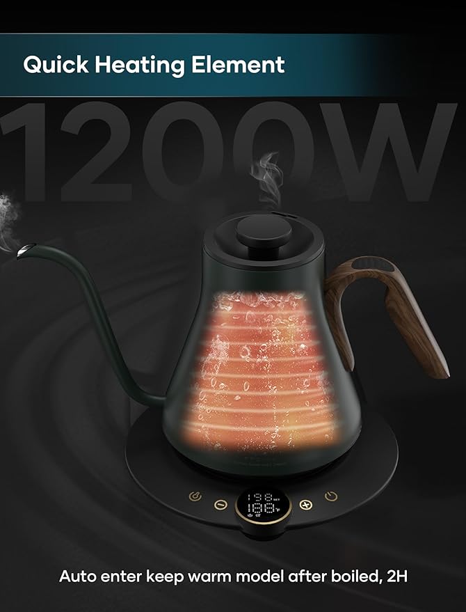Gooseneck Electric Kettle with 짹1??Temperature Control for Pour Over Coffee & Tea, Quick Heating, BPA-Free Stainless Steel, Built-in Brew Timer, 1500W/0.9L (Forest Green)