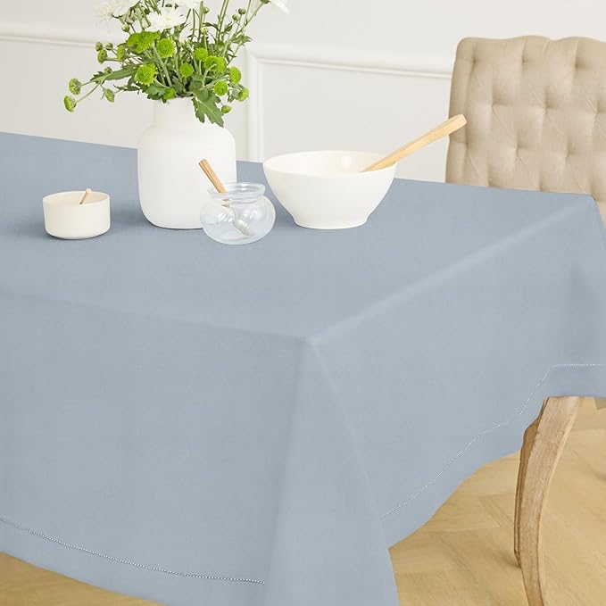 Solino Home Dusty Blue Linen Tablecloth 60 x 108 Inch - 100% Pure Linen Hemstitch Table Cloth for Rectangle Tables - Classic Hemstitch, Machine Washable Tablecloth for Winter, Spring, Easter