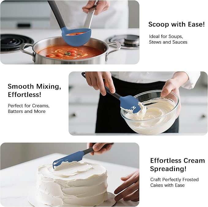 Coukre Silicone Kitchen Cooking Utensils Set with Holder ??Heat-Resistant, Food-Grade Kitchen Tools, Spatula, Spoon & Gadgets for Non-Stick Pans, Dishwasher Safe (14, DarkBlue)