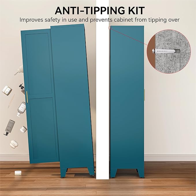 COFaR 67" Tall Pantry Cabinet, Peacock Blue Storage Cabinet with Magnetic Door & 4 Adjustable Shelves, Slim Freestanding Cupboard for Bathroom, Kitchen