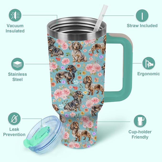 Yogusut Dachshund Gifts for Women, 40oz Stainless Steel Insulated Tumbler Travel Mug Cup with Handle Straw, Gifts for Dog Mom Dog Lover