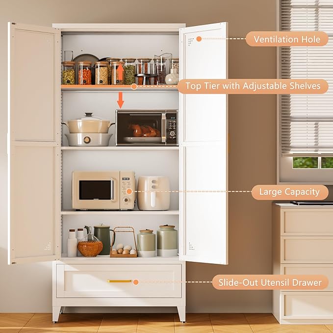 71" White Kitchen Pantry Cabinet,4-Tier Tall Metal Storage Cabinet with Drawer,Freestanding Display Steel Cupboard for Dining Room,Living Room,Hallway,Bathroom