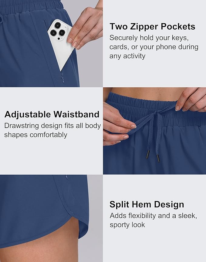 Women's 5" Running Shorts Quick Dry Sporty Athletic Gym Workout Shorts with Zipper Pockets Liner
