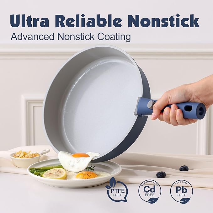 SENSARTE 17 Piece Ceramic Pots and Pans Set, Nonstick Detachable Handle Cookware, Induction Kitchen Cookware Set with Removable Handle, Dishwasher 竊?Oven Safe (Navy)