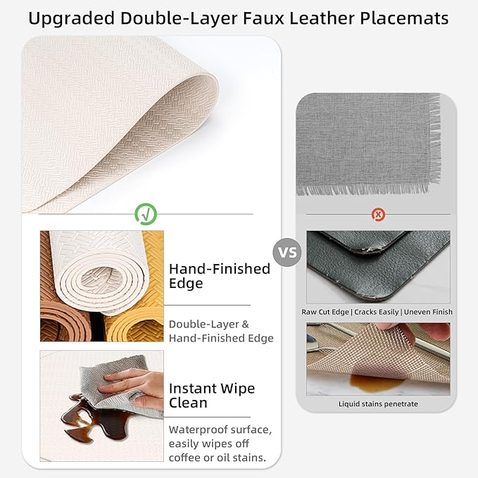 PROMATTOO Faux Leather Placemats Set of 6 – 17x12 Inch Vinyl Table Mats, Heat Resistant, Non Slip, Wipeable & Washable, Easy to Clean Dining Table Decor for Kitchen & Dining Room （Ivory White）
