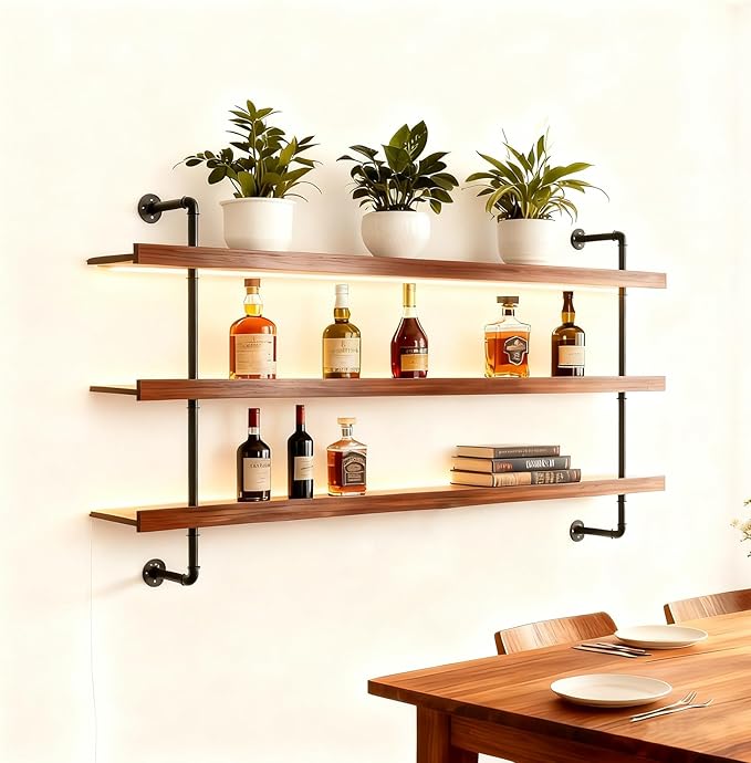 47.2in Large Wine Rack Wall Mounted, 3-Tier Floating Liquor Bottles Shelving with Light Wooden Storage Organizer Display for Kitchen, Bar, Dining Room, Cafe