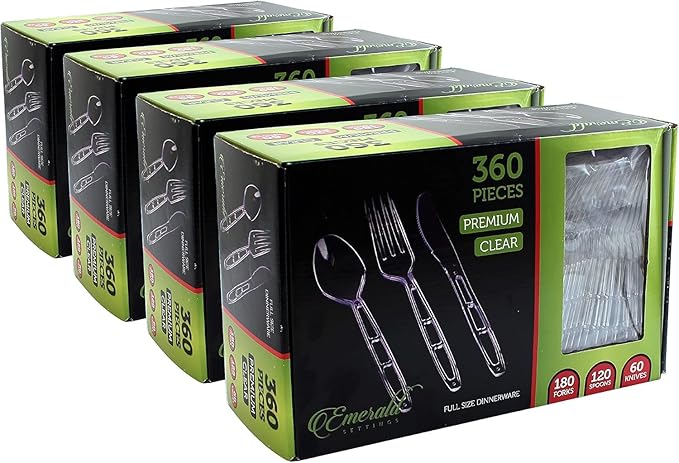 Party Bargains Emerald Clear Plastic Silverware 1440 pcs Set: 720 Forks, 480 Spoons, 240 Knives. Heavy Duty Elegant Cutlery Disposable Utensils Combo Pack for Ceremonies Catering Galas Cocktail Party