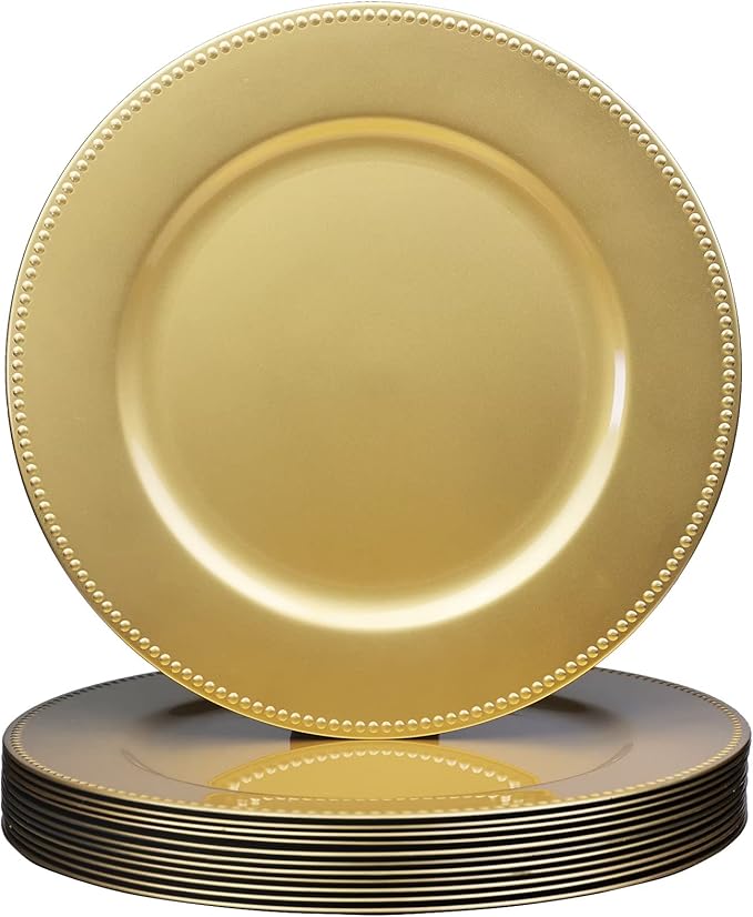 Set of 12 Gold Charger Plates with Beaded. 13" Reusable Plastic Table Chargers for Dinner Plates