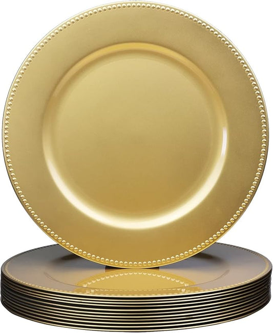 Set of 12 Gold Charger Plates with Beaded. 13" Reusable Plastic Table Chargers for Dinner Plates