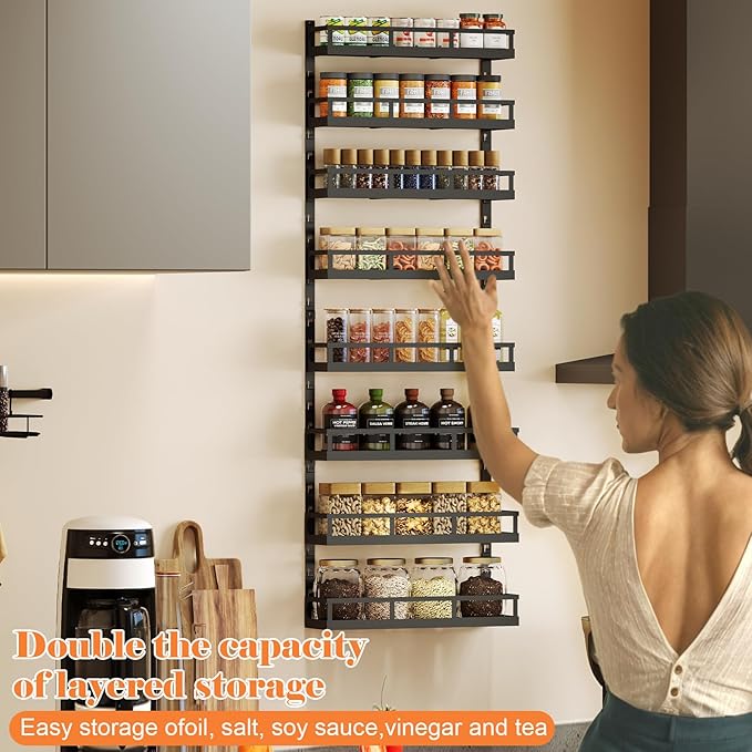 X-cosrack 8-Tier Adjustable Spice Rack ??Wall-Mounted Space-Saving Organizer with Mixed Baskets, Large-Capacity Seasoning Holder for Kitchen & Pantry (Black)