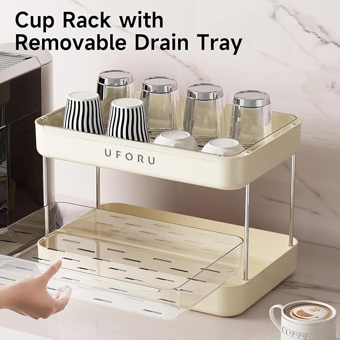 Countertop Coffee Station Organizer, 3 Tier Wine Glass Holder, Mug Shelf with Removable Drain Tray, Spice Rack for Kitchen, Bathroom Countertop Organizer, Cream White