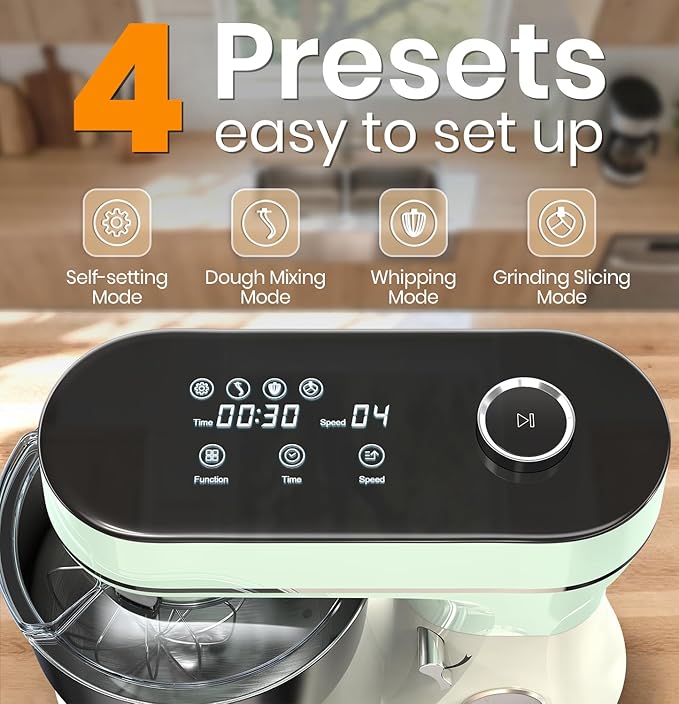 Stand Mixer, 6QT Electric Kitchen Mixer for Baking Cakes & Dough, LED Smart Touchscreen, 11-Speed Tilt-Head & Timer, 4 Presets, Mixer with Bowl, Dough Hook/Whisk/Beater, Green