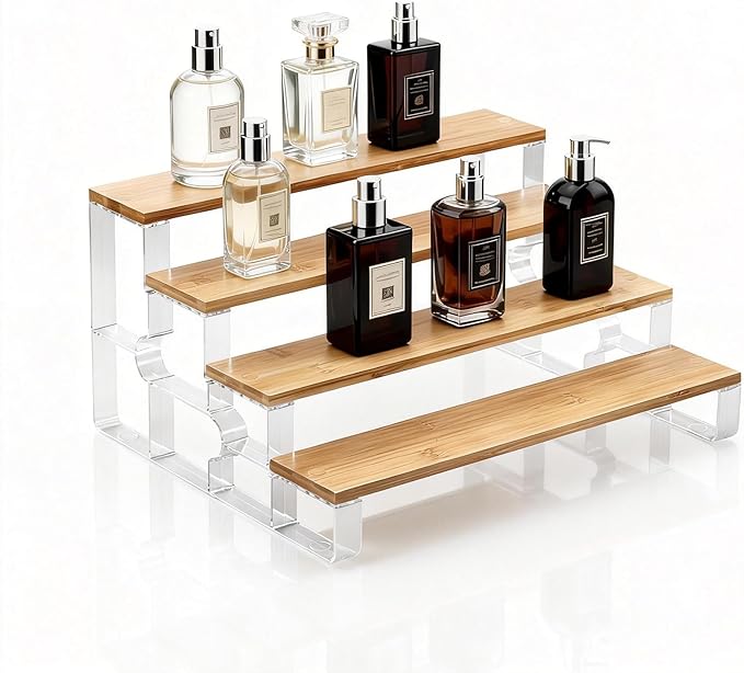 junyuan Bathroom Organizers and Storage,4 Tier Spice Rack Organizer for Countertop,Kitchen Countertop Organizers and Storage Shelf,Bamboo Tiered Display Stand,Clear Extended Width 14"
