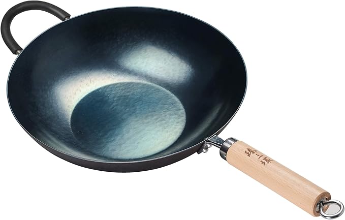 ?삡툒??ZhenSanHuan HandHammered Iron Wok Flat Bottom Induction Suitable (34CM Wood Handle with Help)