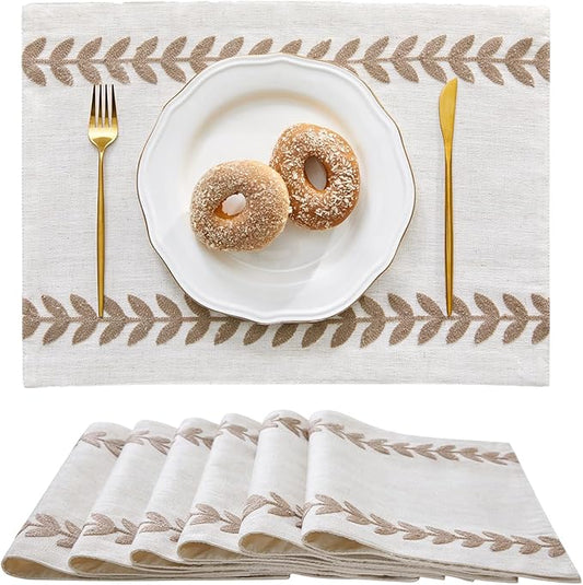 Wracra Embroidered Placemats, 13 x 18 Inch Set of 6 Placemats, Irregular Willow Rustic Place Mats for Kitchen Table and Heat Resistant, Taupe 6PCS