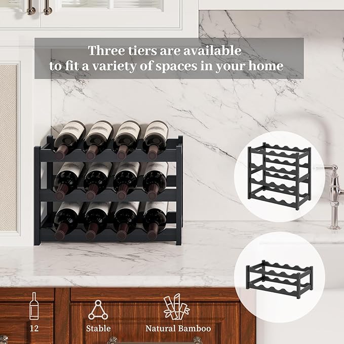 Wine Rack竊똁amboo Wine Storage Cabinet Shelf竊똂ountertop Wine Shelf- Freestanding Wine Holder for Kitchen & Pantry (Black, 3-Tier)